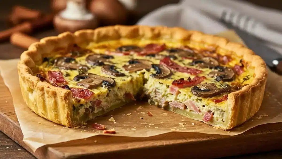 Quiche dorée aux champignons et lardons, avec une part manquante laissant voir une garniture fondante, sur une planche en bois.