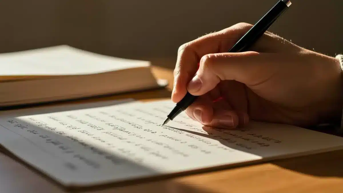 Main écrivant sur une feuille au stylo noir, en gros plan, avec un livre ouvert flou en arrière-plan.