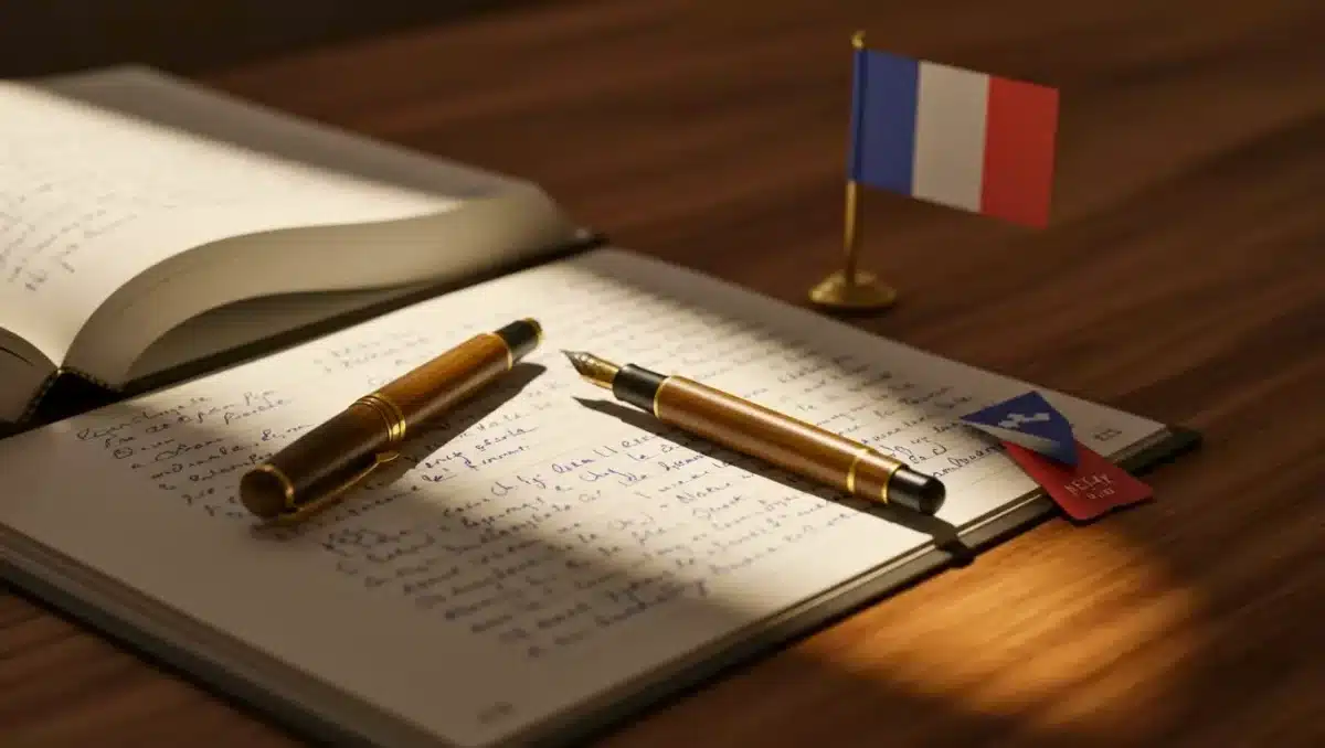 Cahier ouvert avec un texte manuscrit en français, un stylo plume posé dessus et un petit drapeau français en arrière-plan.