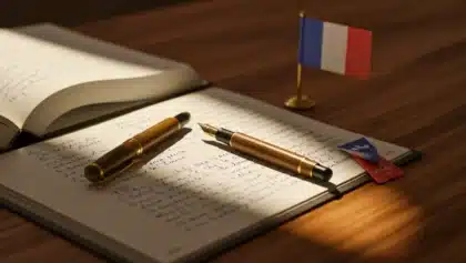 Cahier ouvert avec un texte manuscrit en français, un stylo plume posé dessus et un petit drapeau français en arrière-plan.