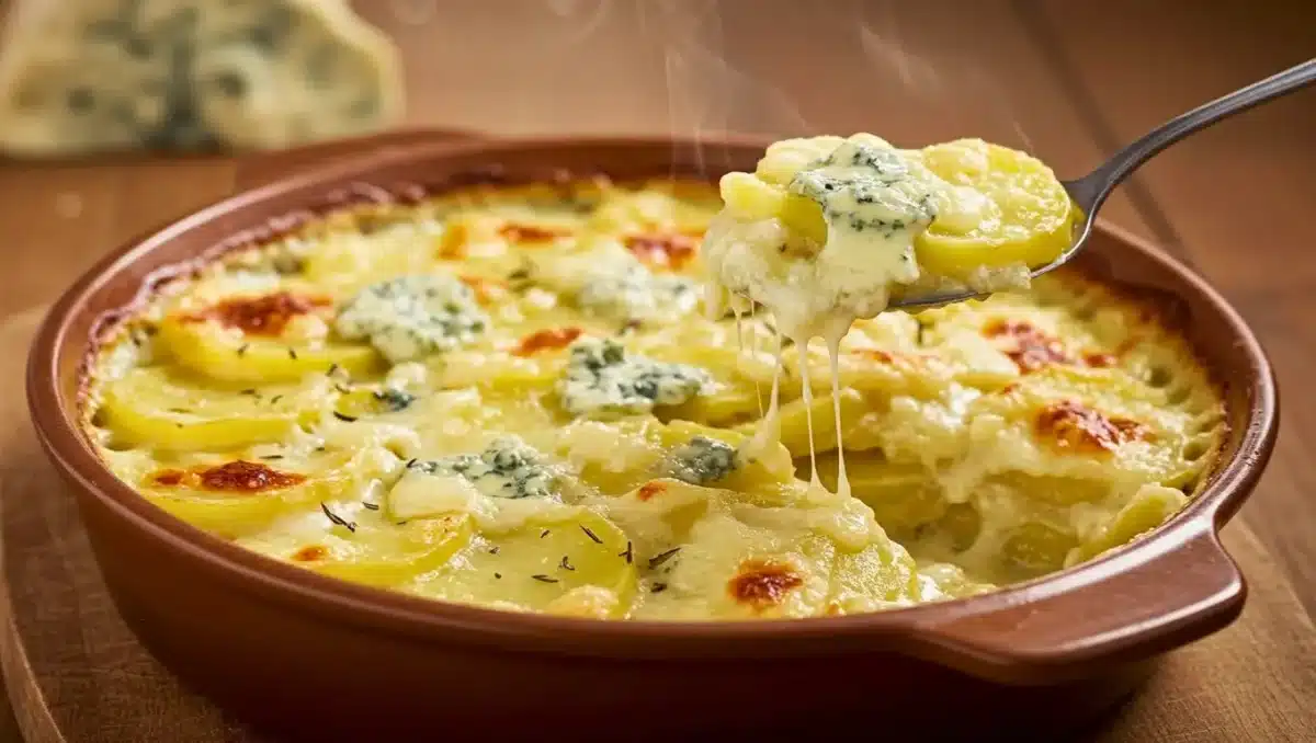 Gratin de pommes de terre au bleu d’Auvergne, crémeux et gratiné, avec morceaux de fromage fondu et texture filante.