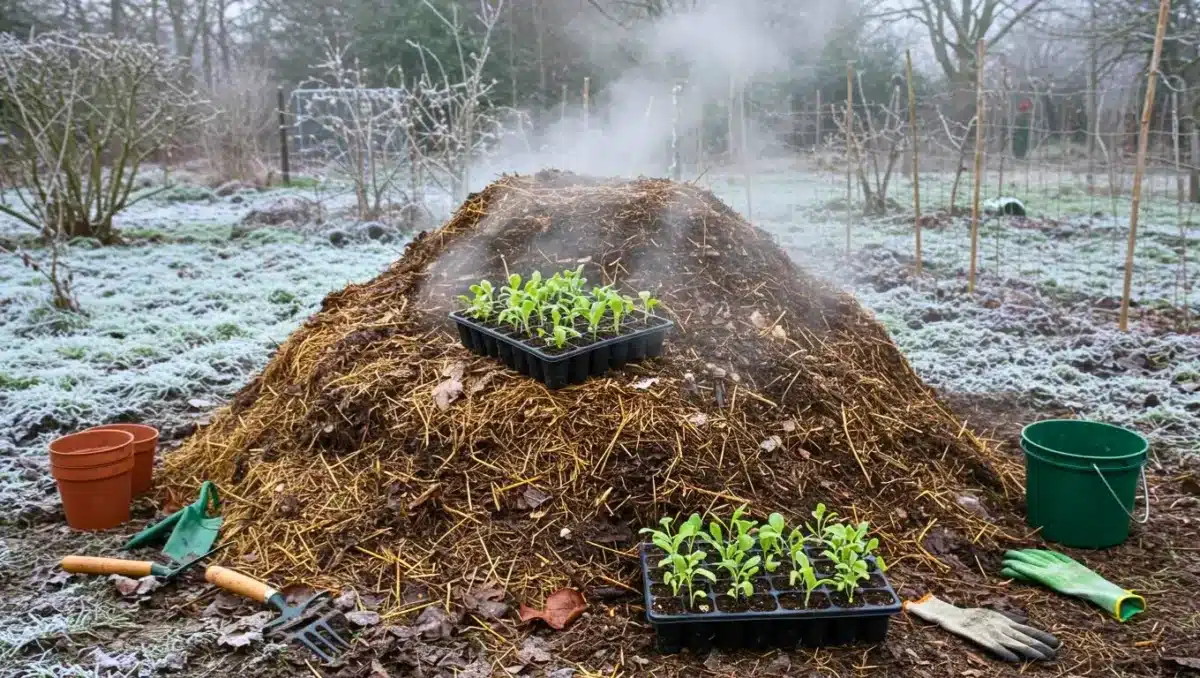 Tas de compost fumant utilisé comme chauffage naturel pour faire germer des semis en plein hiver au potager.