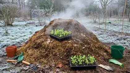 Tas de compost fumant utilisé comme chauffage naturel pour faire germer des semis en plein hiver au potager.