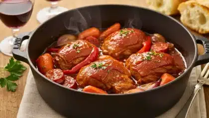 Joues de porc mijotées au chorizo avec carottes, poivrons et oignons, servies dans une cocotte en fonte fumante.
