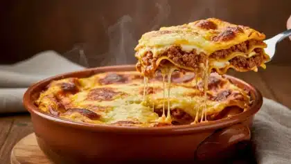 Plat de lasagnes maison avec couches généreuses de sauce bolognaise et de béchamel, une portion fondante en train d’être servie, avec fromage filant.