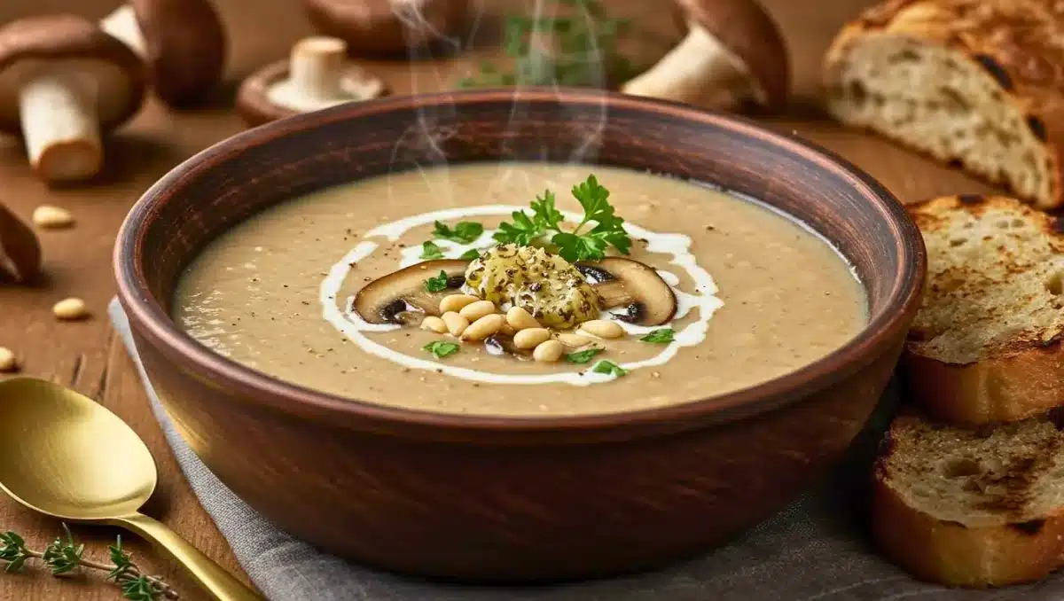 Bol de velouté de champignons crémeux garni de pignons dorés, herbes fraîches et lamelles de champignon, avec pain grillé en accompagnement.