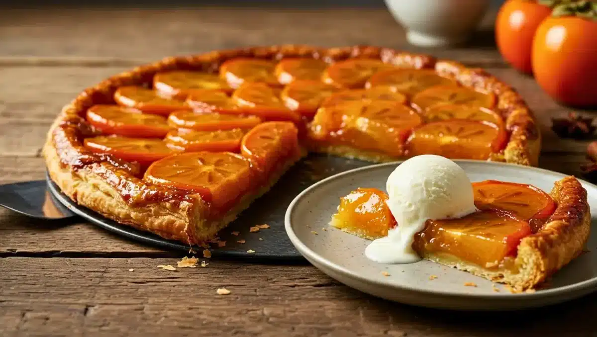 Part de tarte Tatin aux kakis caramélisés accompagnée d’une boule de glace à la vanille, posée sur une assiette à côté de la tarte entière.