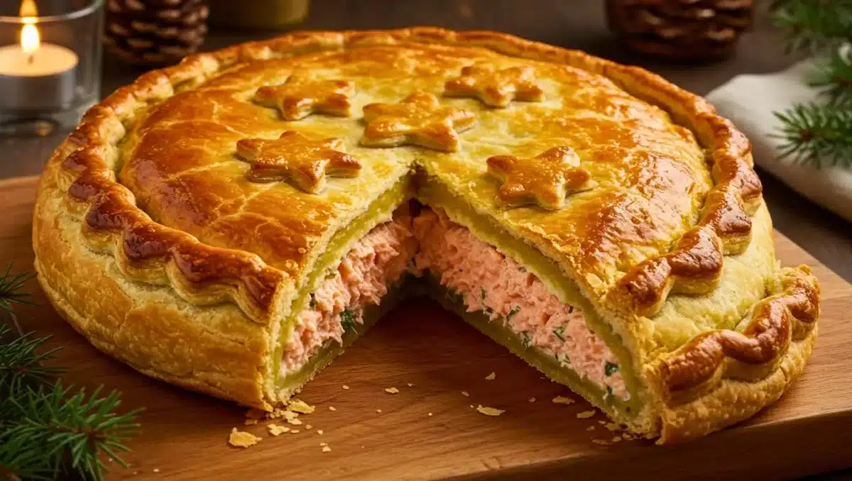 Tourte feuilletée de Noël garnie de saumon crémeux, présentée sur une planche en bois