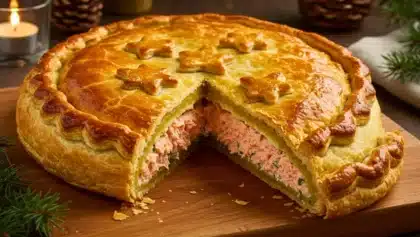 Tourte feuilletée de Noël garnie de saumon crémeux, présentée sur une planche en bois