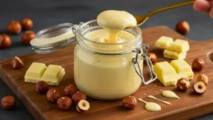 Pot de pâte à tartiner au chocolat blanc et noisettes, texture crémeuse, entouré de noisettes entières et de morceaux de chocolat blanc.