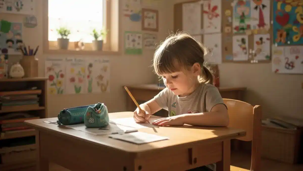 Enfant assis à un bureau d’école, écrivant au crayon dans une salle de classe décorée de dessins.