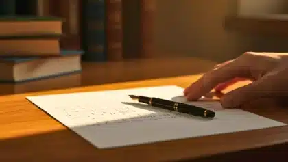 Main posée sur une feuille manuscrite avec un stylo-plume noir et doré sur un bureau en bois éclairé par la lumière du jour.