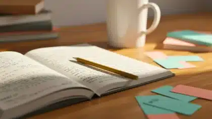 Cahier ouvert rempli de notes manuscrites avec un crayon posé dessus, entouré de fiches de révision colorées sur une table.