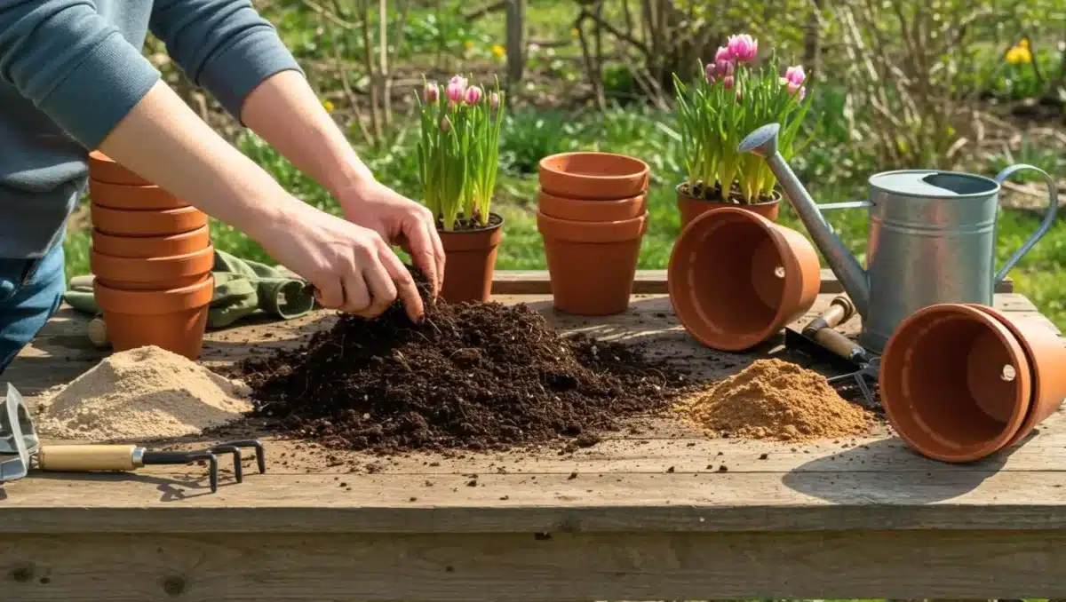 Mains jardinant avec du terreau sur une table, pots en terre cuite et outils de jardinage