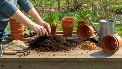 Mains jardinant avec du terreau sur une table, pots en terre cuite et outils de jardinage