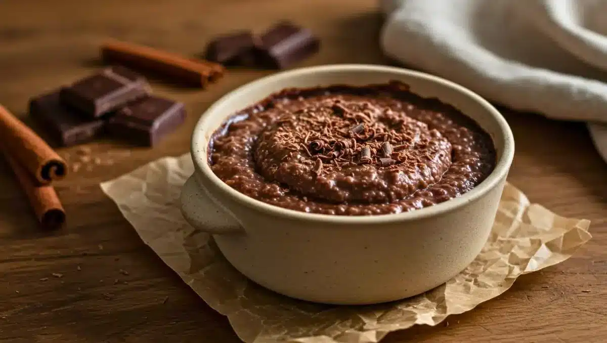 Bol de riz au lait au chocolat décoré de copeaux de chocolat noir, posé sur une table en bois avec des bâtons de cannelle et des carrés de chocolat en arrière-plan.
