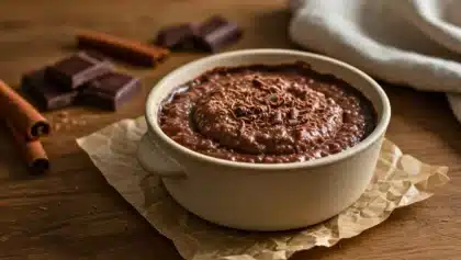 Bol de riz au lait au chocolat décoré de copeaux de chocolat noir, posé sur une table en bois avec des bâtons de cannelle et des carrés de chocolat en arrière-plan.