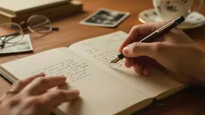 Personne écrivant dans un carnet avec un stylo plume, posé sur une table en bois avec des lunettes et une tasse de thé.