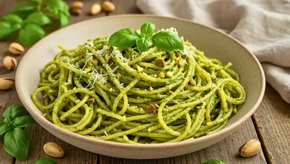 Bol de spaghetti nappés d’un pesto vert au basilic, décorés de pistaches concassées et de parmesan râpé, sur une table en bois rustique.