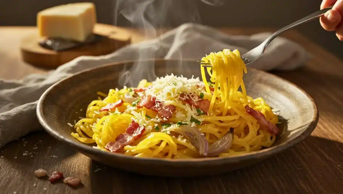 Gratin au reblochon fumant dans un plat noir, accompagné de pain frais, salade verte et verre de vin blanc sur une table en bois avec vue enneigée en arrière-plan.