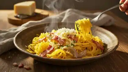 Gratin au reblochon fumant dans un plat noir, accompagné de pain frais, salade verte et verre de vin blanc sur une table en bois avec vue enneigée en arrière-plan.