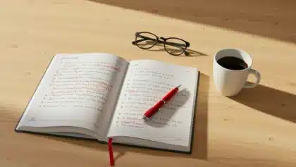 Cahier ouvert avec corrections en rouge, lunettes et tasse de café sur un bureau