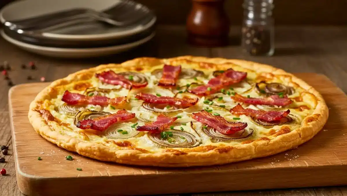 Tarte fine aux oignons et lardons dorés, servie sur une planche en bois, avec pâte feuilletée croustillante et oignons fondants légèrement caramélisés.
