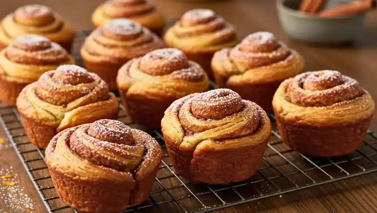 Cruffins maison dorés et saupoudrés de sucre glace, disposés sur une grille de refroidissement avec un fond en bois chaleureux.