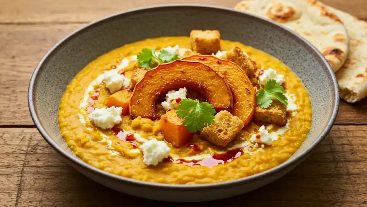 Bol de dahl de lentilles corail avec potimarron rôti, fromage de chèvre frais, croûtons et coriandre, servi avec du pain naan.