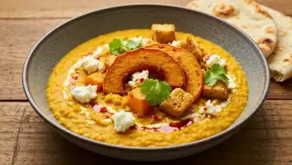 Bol de dahl de lentilles corail avec potimarron rôti, fromage de chèvre frais, croûtons et coriandre, servi avec du pain naan.