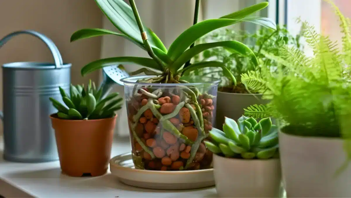 Orchidée en pot transparent avec racines visibles, entourée de plantes d’intérieur sur un rebord de fenêtre