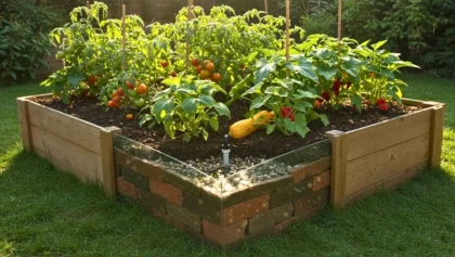 Potager surélevé en bois avec système auto-arrosant enterré, cultivant tomates, courgettes et poivrons en pleine croissance.