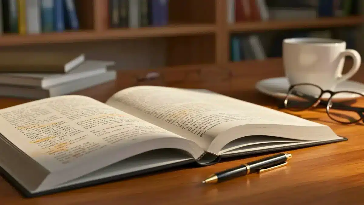Livre ouvert annoté sur un bureau avec stylo, lunettes et tasse de café