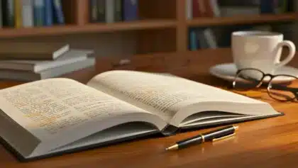 Livre ouvert annoté sur un bureau avec stylo, lunettes et tasse de café