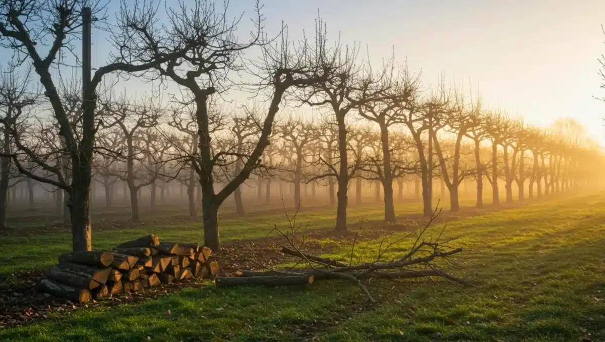 Alignement d’arbres fruitiers sans feuilles en hiver, avec du bois coupé posé au sol dans une lumière brumeuse du matin.