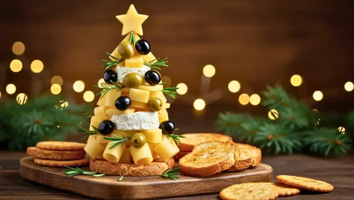 Sapin apéritif de Noël composé de fromages frais, olives noires et vertes, romarin et étoile en fromage sur une planche en bois.