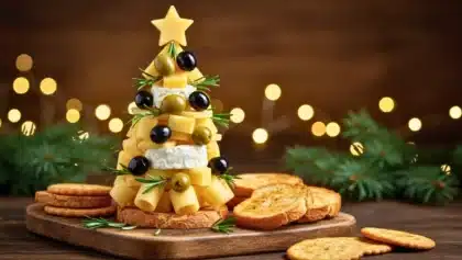 Sapin apéritif de Noël composé de fromages frais, olives noires et vertes, romarin et étoile en fromage sur une planche en bois.