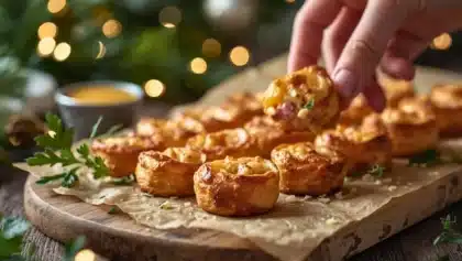 Main attrapant une mini bouchée feuilletée jambon-fromage dorée, disposée sur une planche en bois lors d’un apéritif de Noël chaleureux.