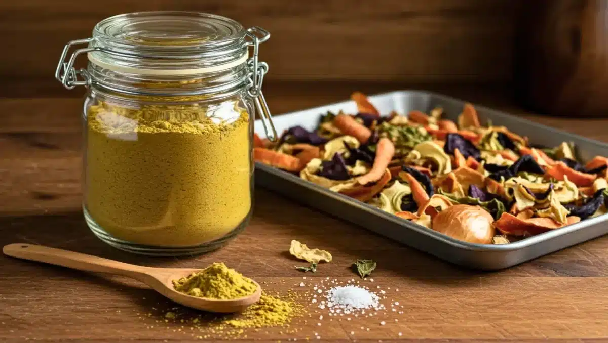 Bocal en verre rempli de poudre de bouillon maison, posé à côté d’une cuillère de poudre et d’un plateau d’épluchures de légumes séchées sur un plan de travail en bois.