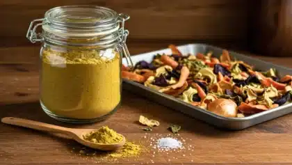 Bocal en verre rempli de poudre de bouillon maison, posé à côté d’une cuillère de poudre et d’un plateau d’épluchures de légumes séchées sur un plan de travail en bois.