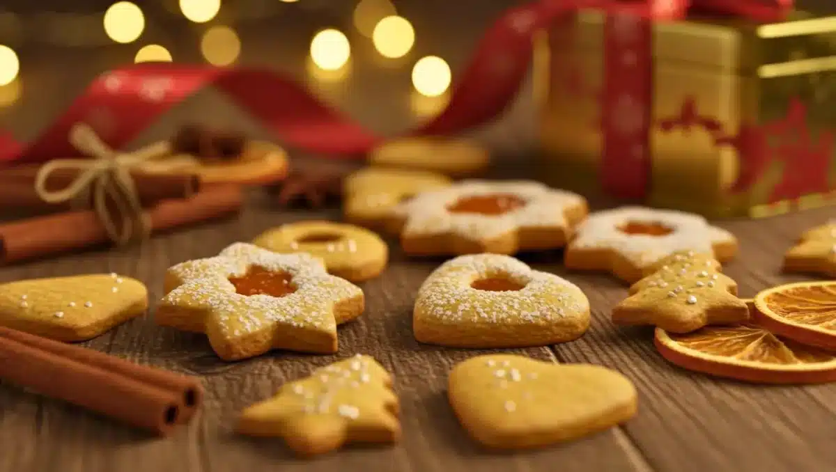 Assortiment de biscuits bredala de Noël en formes variées (étoiles, cœurs, sapins), disposés sur une table en bois avec cannelle, tranches d’orange séchée et décorations festives en arrière-plan.