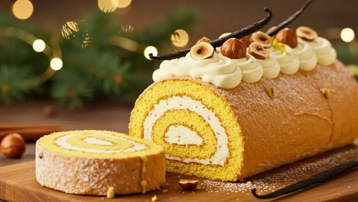Bûche de Noël roulée à la vanille, décorée de crème fouettée, de noisettes et de gousses de vanille, avec une tranche coupée révélant la génoise moelleuse et sa garniture, présentée dans une ambiance festive.