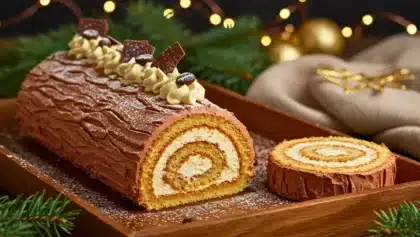 Bûche de Noël roulée recouverte de crème au beurre chocolat imitation écorce, décorée de crème, de grains de café et de morceaux de chocolat, avec une tranche coupée montrant la spirale du biscuit.