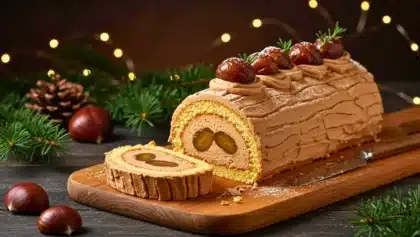 Bûche de Noël roulée à la crème de marrons, décorée de marrons glacés et de brins de romarin, présentée sur une planche en bois avec une tranche coupée.