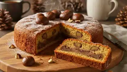 Cake à la châtaigne moelleux avec châtaignes entières visibles à l’intérieur, saupoudré de sucre glace, présenté sur une planche en bois avec une part découpée et des châtaignes autour.