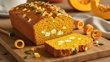 Cake salé au potimarron et feta, tranché sur une planche en bois, avec morceaux de feta visibles dans la mie, décoré de graines de courge et entouré de lamelles de potimarron.