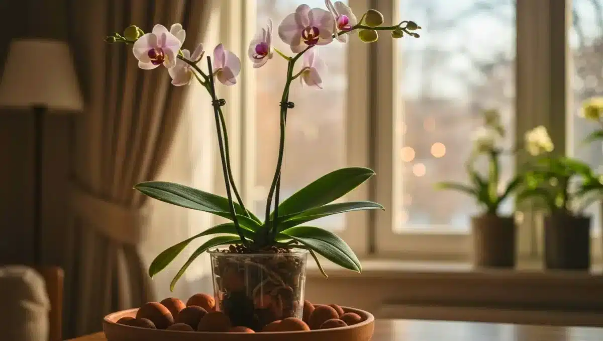 Orchidée en pot placée près d’une fenêtre dans un intérieur lumineux en hiver