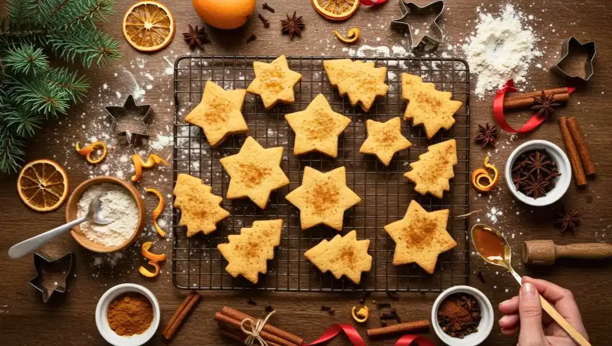 Biscuits de Noël aux épices en forme d’étoiles et de sapins sur grille de refroidissement avec ingrédients autour