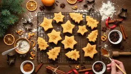 Biscuits de Noël aux épices en forme d’étoiles et de sapins sur grille de refroidissement avec ingrédients autour