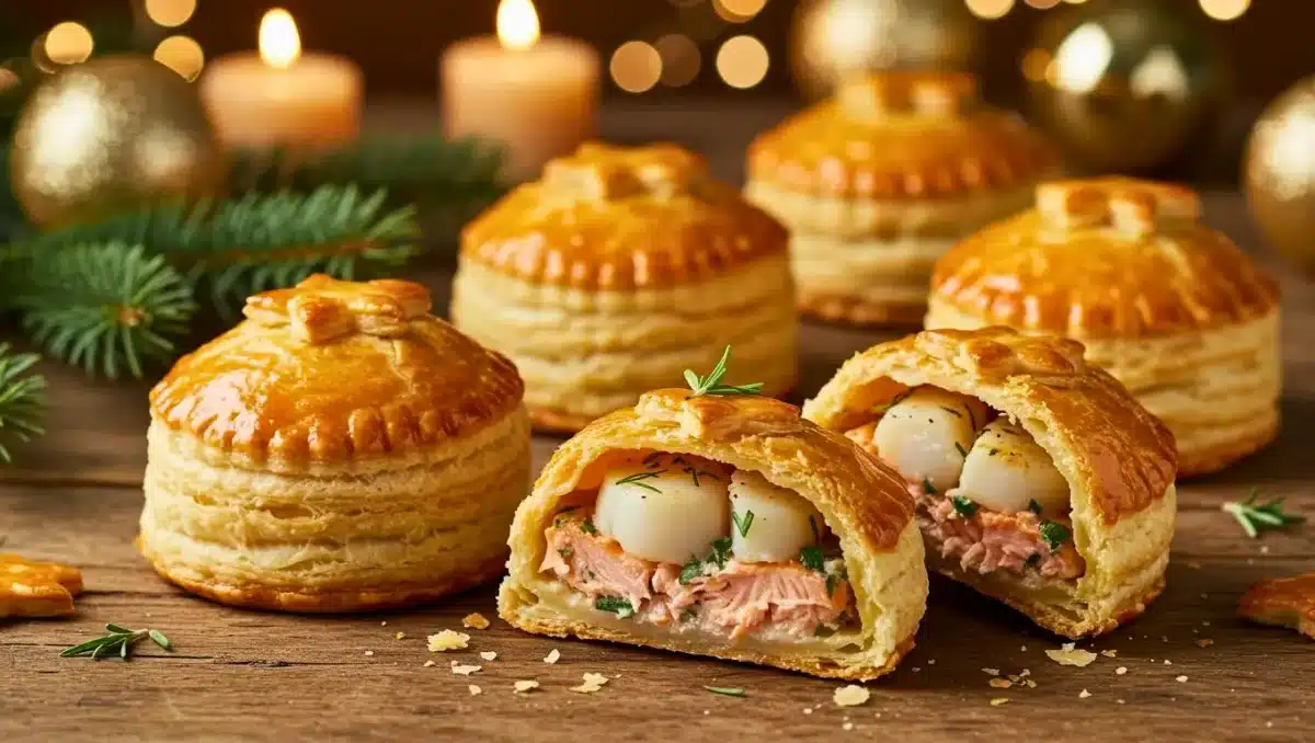Feuilletés de Noël au saumon et noix de Saint-Jacques, dorés et garnis, présentés sur une table de fête